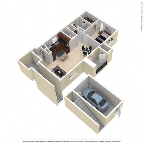a 3d rendering of an open floor plan with a car in it